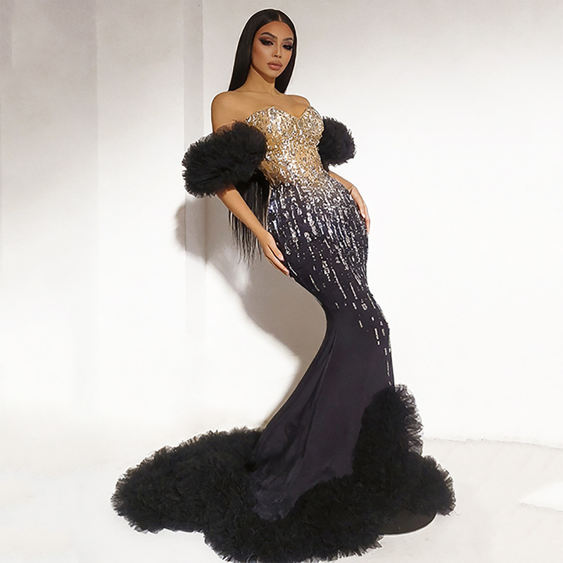 Luxurious and Elegant Sexy Dress with Bright Rhinestones, Ruffled Hem, and a Long Train, Featuring a Strapless Mermaid Silhouette, Suitable for Socialite Evening Events, Runway Shows, Beauty Pageants, and Photo Shoots Luxurious and Elegant Sexy Dress with Bright Rhinestones, Ruffled Hem, and a Long Train, Featuring a Strapless Mermaid Silhouette, Suitable for Socialite Evening Events, Runway Shows, Beauty Pageants, and Photo Shoots