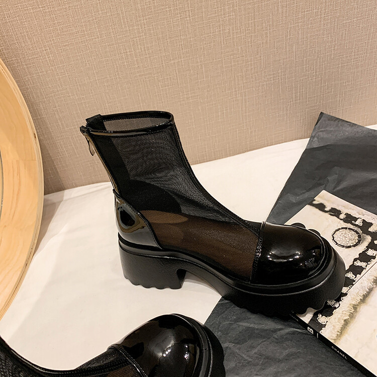 Boot ngắn nữ da thật vải lưới cao gót 6cm mùa hè phong cách Anh thoáng khí — Màu đen, Trắng be chi tiết 109