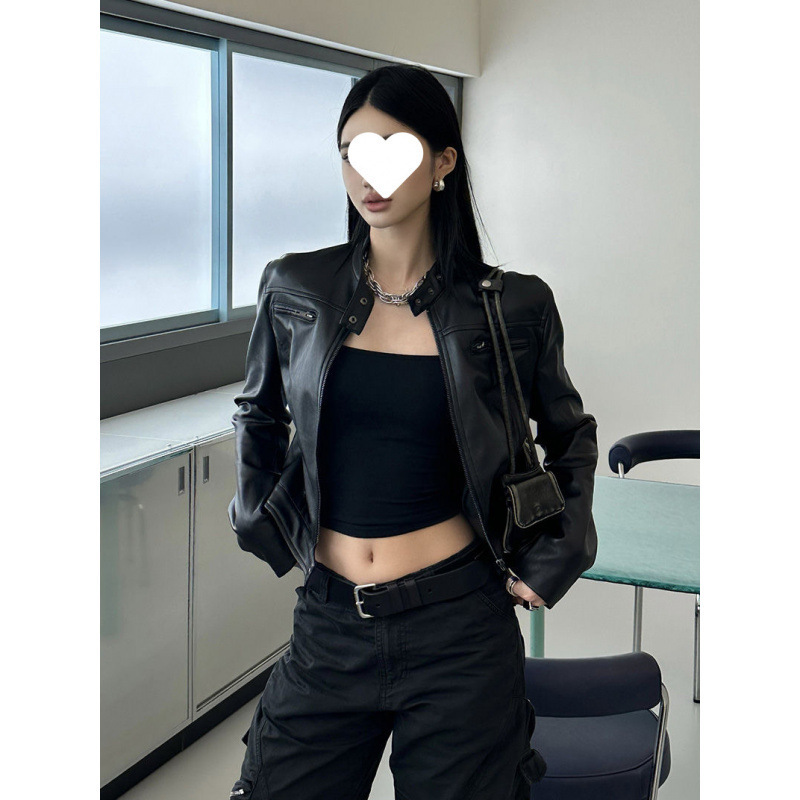 アメリカンレトロクラシックブラックデザインカフスジッパースタンドカラースリムフィット多用途オートバイレザージャケット女性用|undefined