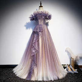 紫色晚礼服2024新款夏季女一字肩优雅气质长款大合唱演出服连衣裙