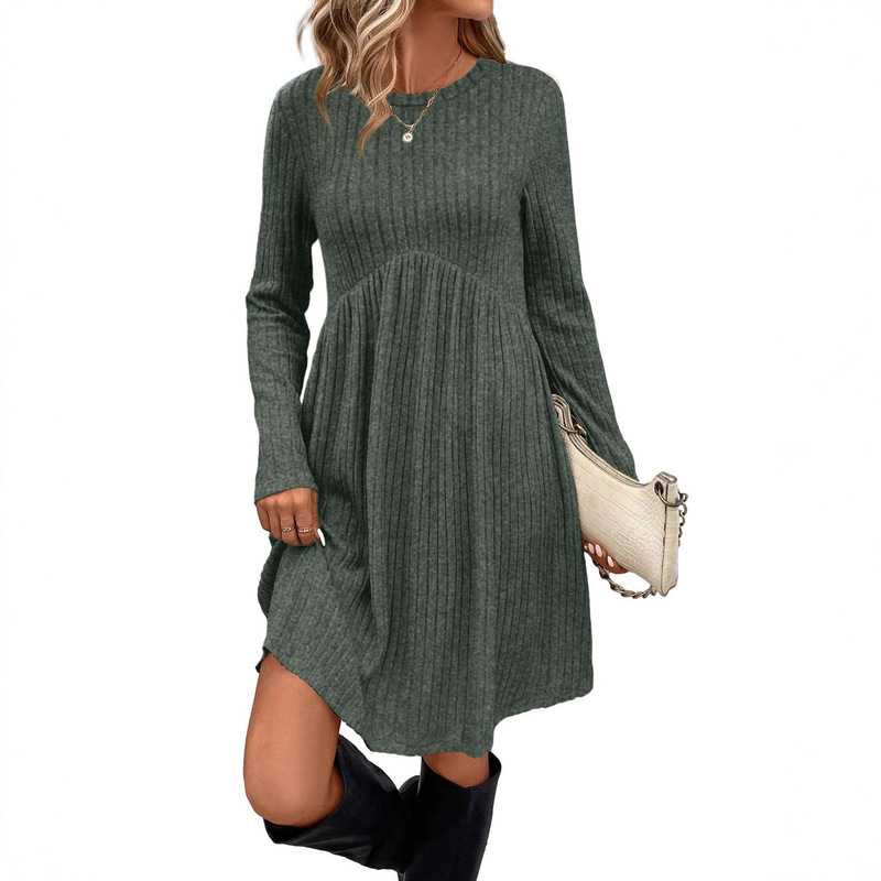 2026 Autumn Women's Long Sleeve Dress with Patchwork Mid-Length Skirt, Knitted Round Neck, High Waist, Belted, with Pockets