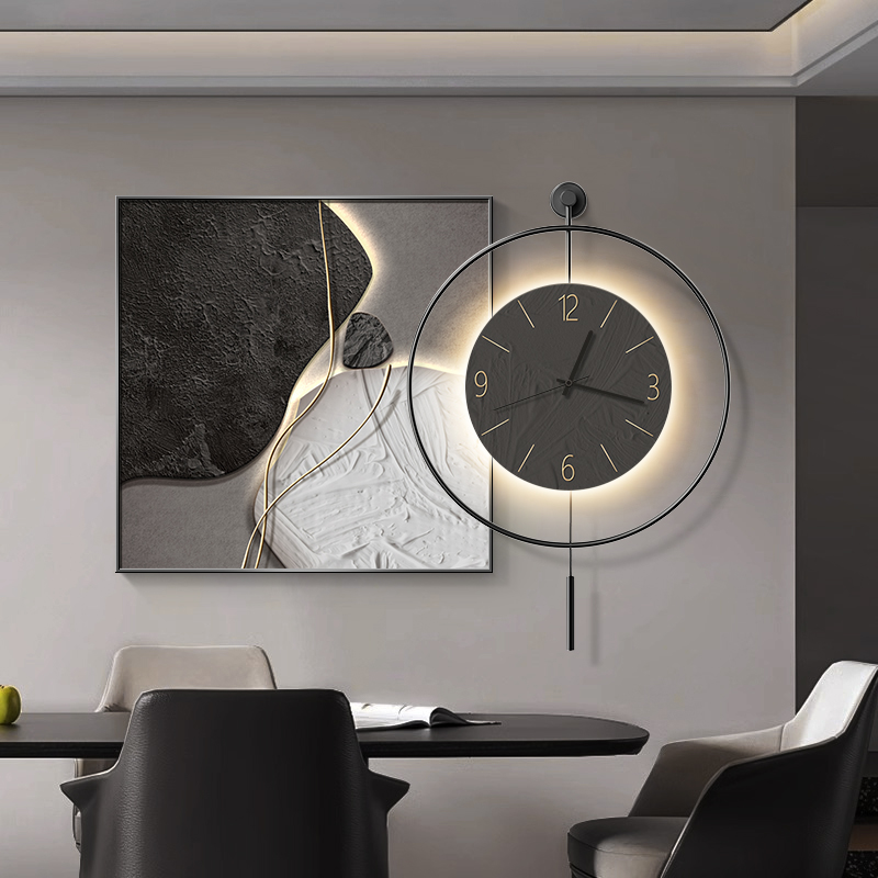 石来运转餐厅装饰画带时钟现代简约高级感饭厅挂画简约餐桌边挂钟