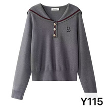 温柔风韩系气质撞色海军领刺绣长袖秋冬拼接假两件女装毛衣针织衫