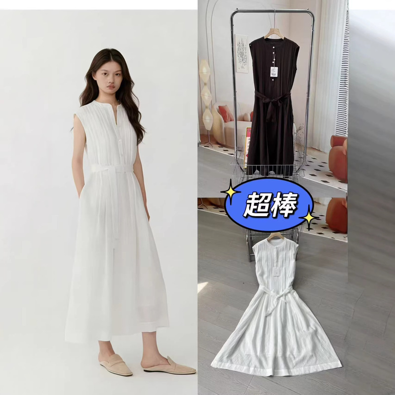 Jimo Manufacturer 04080626 Hejia 2025 Spring/Summer Plain Pressed Pleated Sleeveless Mid-Length Dress