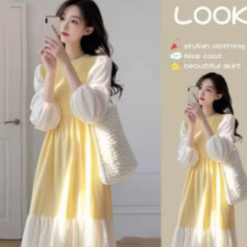 2025 Spring Hot Style Popular High-End Super Nice Elegant Yellow Splicing Maternity Dress