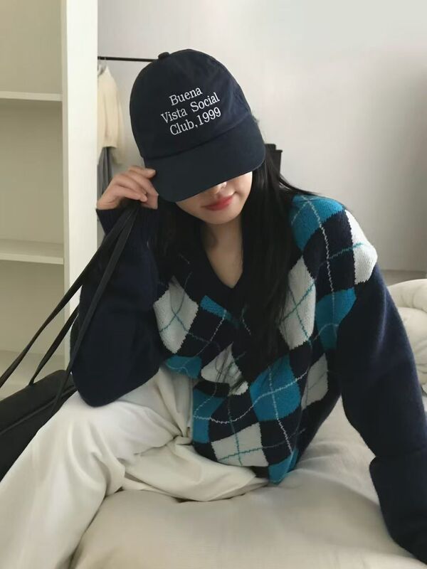 韩系复古菱格V领毛衣女秋冬百搭长袖套头针织衫时尚拼色叠穿毛衫|undefined