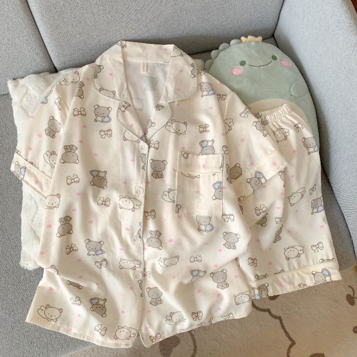 Venta al por mayor transfronteriza de nuevo estilo de seda de hielo elástico de cuatro lados pantalones cortos finos de manga corta traje de pijama mujer verano dulce dibujos animados servicio a domicilio