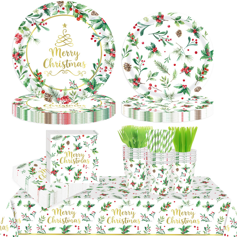 Christmas holly berry tableware set, Christmas-themed disposable paper plates, paper cups, napkins, tablecloth, party supplies