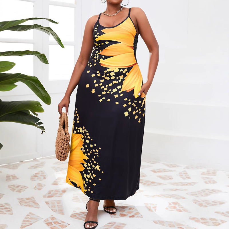 European and American Amazon Wish Sleeveless Long Dress Women's Positioning Printed Large Swing Skirt Bohemian Retro Long Skirt