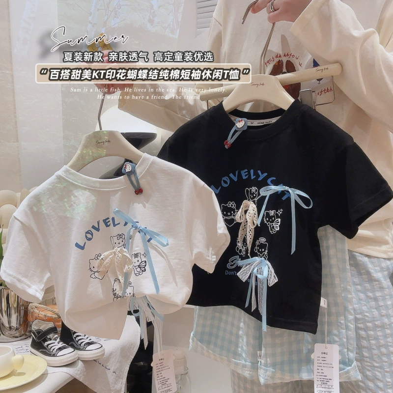 Футболка с коротким рукавом, милый бант 2025, верхняя одежда с бантом, детская одежда, повседневная семейная одежда