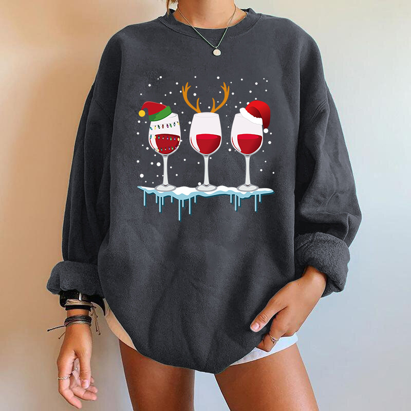 Comfort Function Loose Fit Type Hoodies & Sweatshirts Long Sleeve Printing Streetwear Wine Glass Antlers