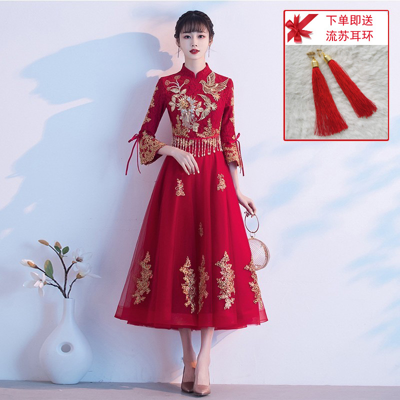 New Chinese-style toasting dress for brides, 2025 new style, wine red wedding dress, cheongsam, Xiuhe dress, covering the belly.