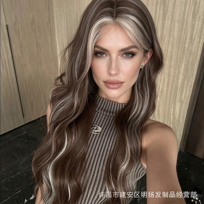 Princess kuku-new small lace American Asian style gray gold highlights long curly hair wig Princess kuku-new small lace American Asian style gray gold highlights long curly hair wig