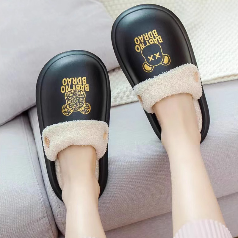 Winter Cotton Slippers for Couples, Plush Warm Chinese Style Home Waterproof Closed-Toe Slippers with a Soft Cushion Feel, Lazy Shoes Trendy