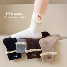 秋冬季儿童袜女蕾丝花边蝴蝶结刺绣中筒袜洛丽塔芭蕾风翻边堆堆袜