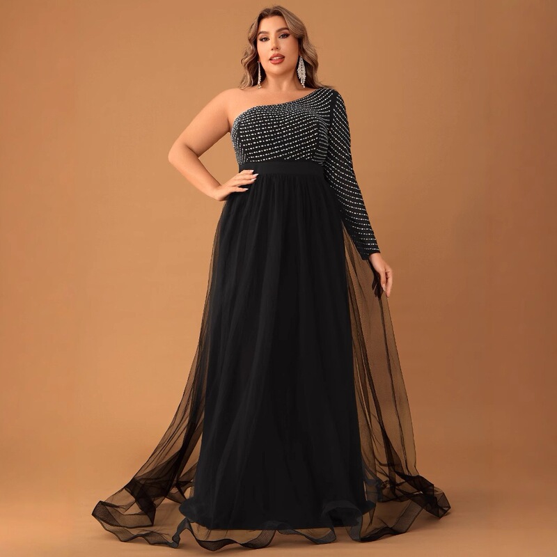 Women's Plus Size Prom Evening Dress Elegant Rhinestone Single Sleeve Mesh Party Evening Dress-Fssn1293 Women's Plus Size Prom Evening Dress Elegant Rhinestone Single Sleeve Mesh Party Evening Dress-Fssn1293