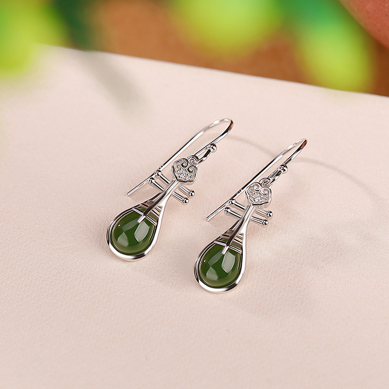 Khuyên tai bạc S925 mạ vàng đính ngọc bích hình hươu phong cách dân tộc — Kiểu màu bạc