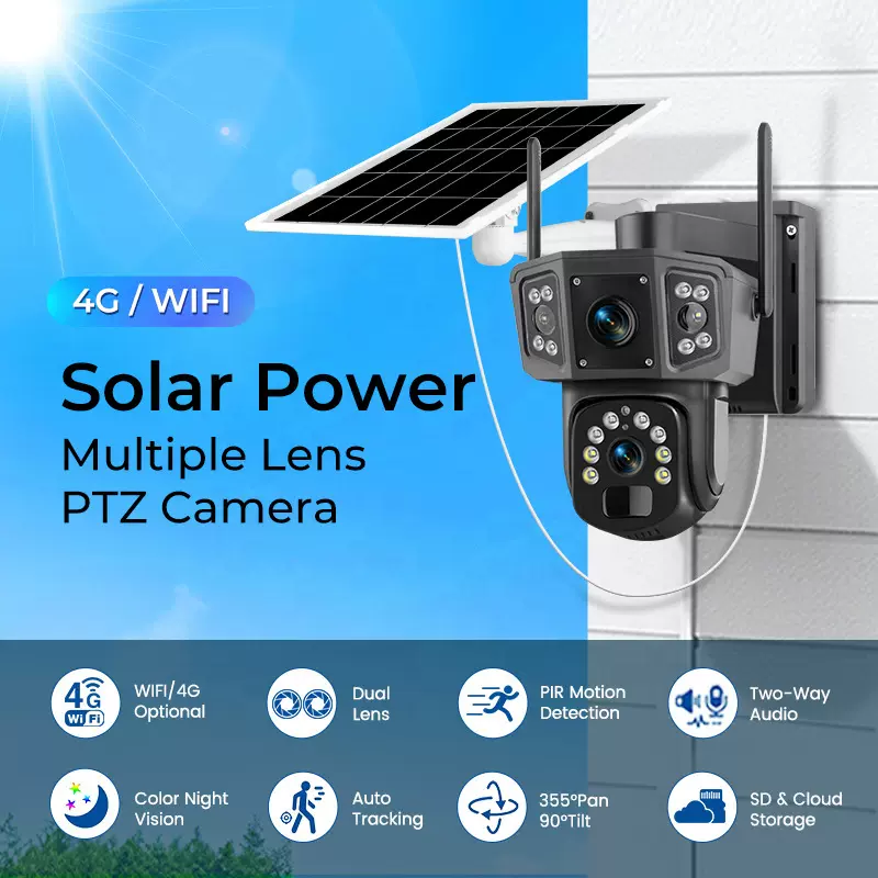 V380pro双镜头双画面WIFI/4G低功耗太阳能枪球联动无线监控摄像头