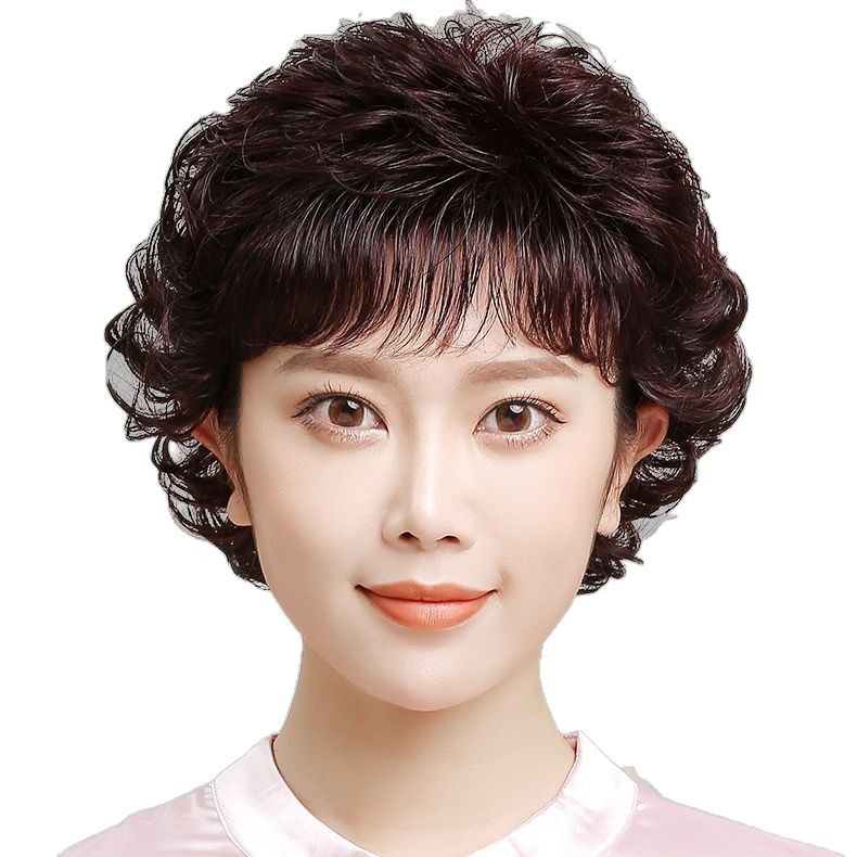 Customized Wig for Women, Full Headband, Real Hair, Short Hair, Full Natural, Middle-Aged and Elderly, Traceless Invisible Curly Hair Wig