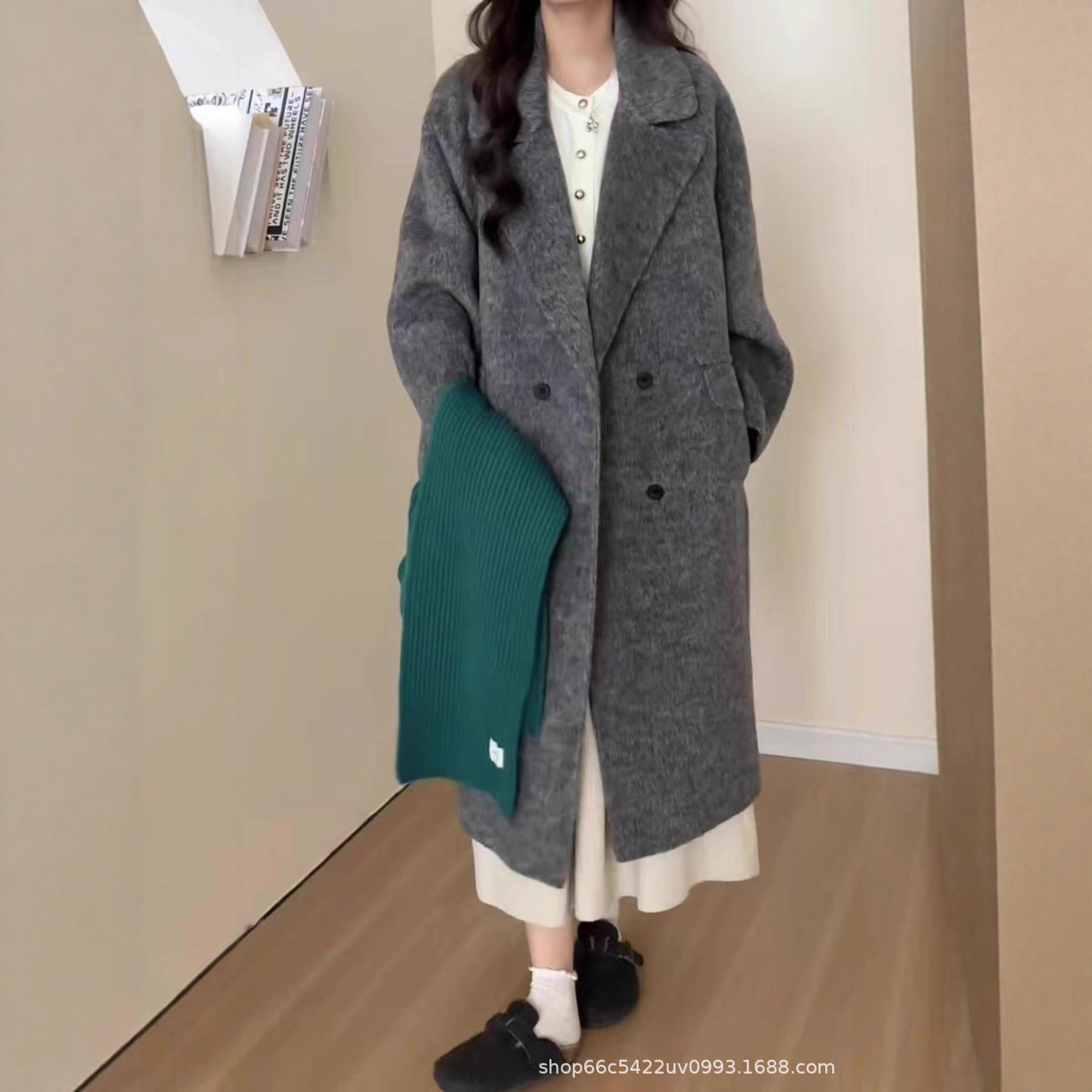 【韩兮】秋冬新气质双面羊毛大衣女韩系双排扣宽松长款羊毛呢外套