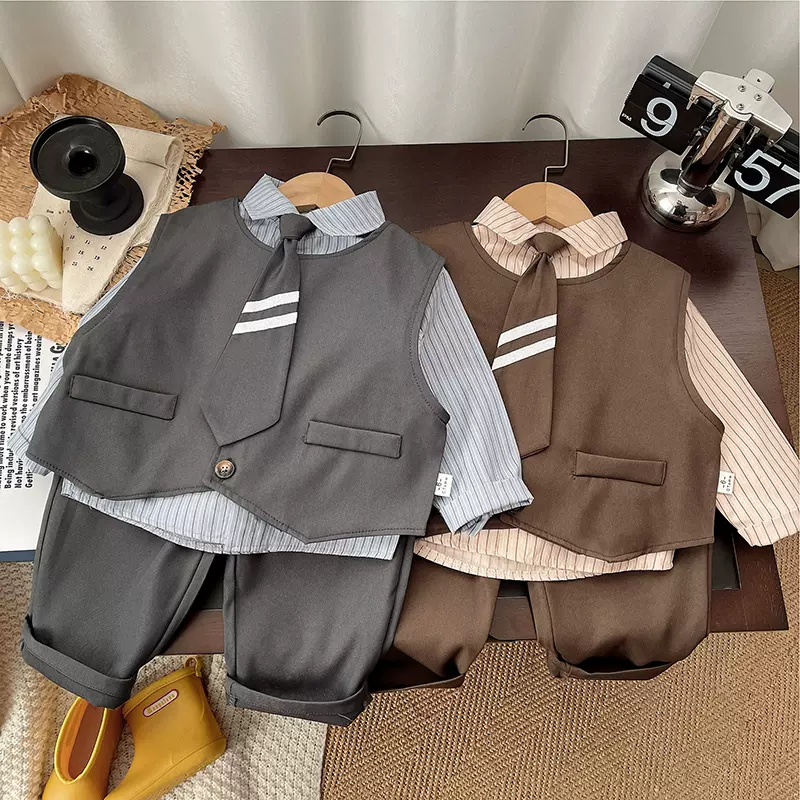 【单排扣设计】男童衬衫春秋套装2025新款洋气宝宝秋季西装儿童三