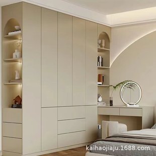 Minimalist Style Bedroom Wardrobe Closet Plus Desk Side Open Cabinet Pet Skin Feel Bright Light Door Panel