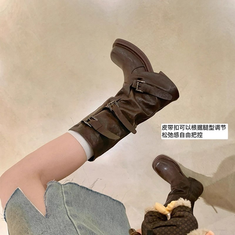 羊皮版~新款马丁靴法式女靴子小众复古粗跟高筒靴西部牛仔堆堆靴|undefined