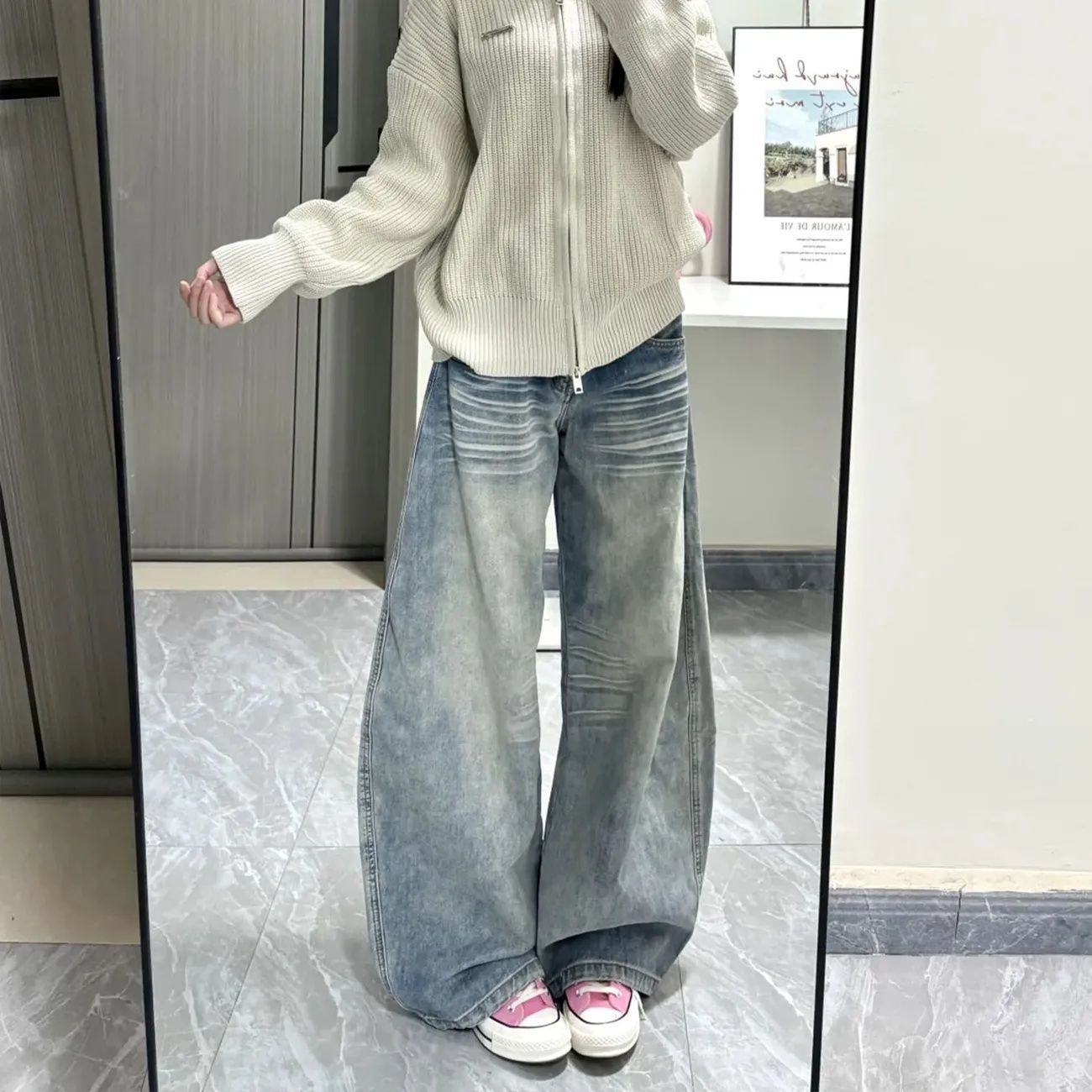 아메리칸 워싱 빈티지 엘보우 데님 신상 가을 느낌 디자인 와이드 낫 날씬해 보이는 백패딩 팬츠