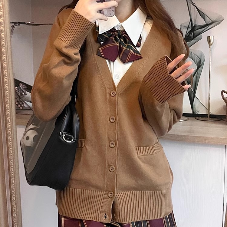 Primavera y otoño JK uniforme con cuello en V punto cardigan suéter de las mujeres japonés estilo universitario color sólido abrigo fino todo partido manga larga superior image 4