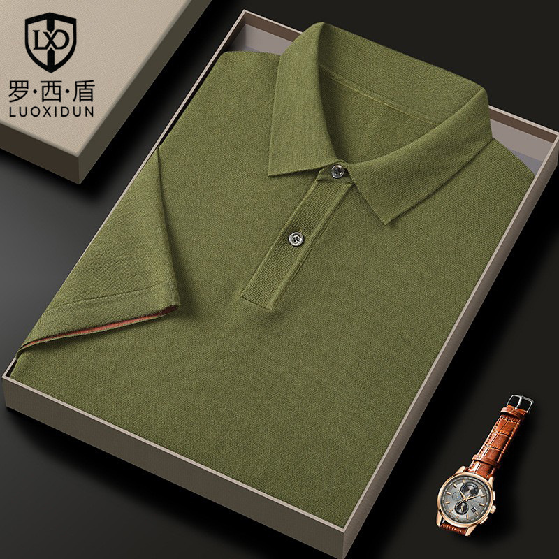 [48 Count Worsted] Machine Washable Short-Sleeved Wool Polo Shirt Men's Half-Sleeved Lapel 100% Pure Wool T-Shirt for Men