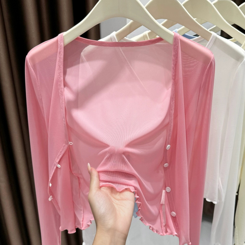 Ice Silk Cool Tulle Sun Protection Cardigan Women's Shawl Summer with Skirt Suspender Outer Blouse Mesh Top Short Version