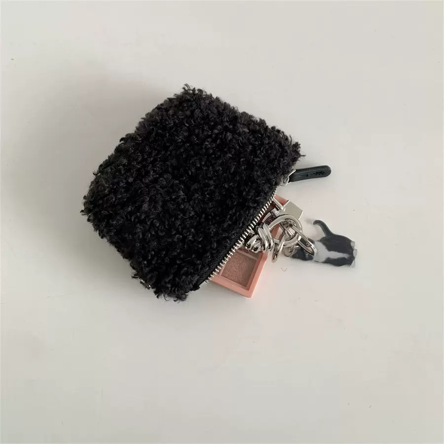 挂脖式毛毛钥匙零钱包女新款韩版纯色可爱毛绒迷你包耳机口红纳包