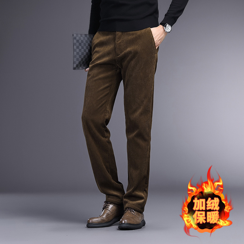 Pantalones casuales de negocios ligeros de pana de alta calidad pantalones de traje de otoño e invierno para hombres pantalones de hombre forrados de lana engrosados de mediana edad y ancianos