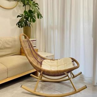 Rattan L-Shaped Lazy Chair with Rattan Material and Silk Cotton Cushion, Chinese Style, Outdoor Courtyard, Single Person