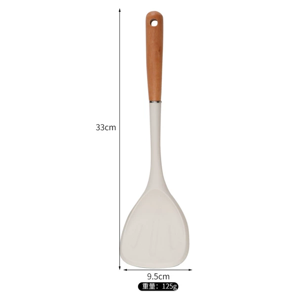 Cream white silicone frying spatula with wooden handle