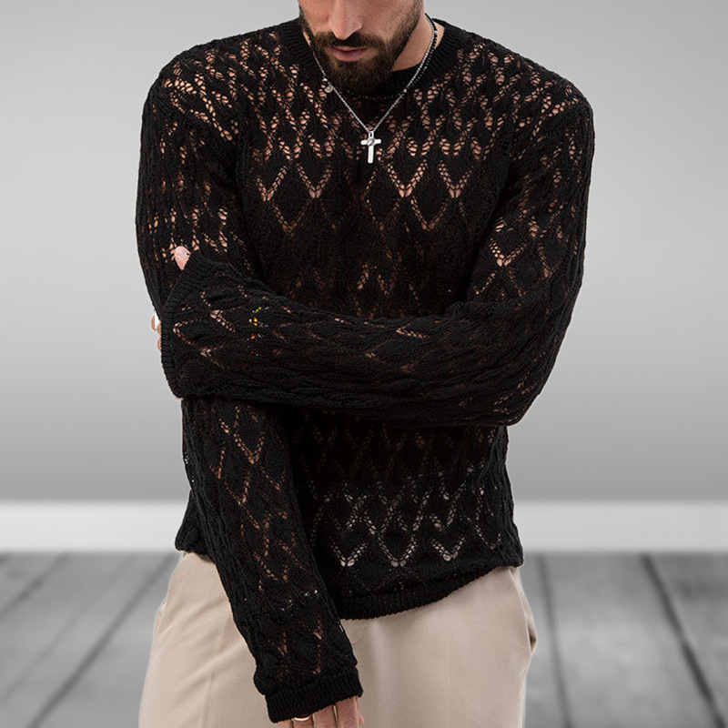Männer Stricken Pullover Lange Hülse Dünne Kleidung Beiläufige Lose Aushöhlen Schwarz Pullover Männlichen Rundhals Atmungsaktive Feste Jumper Top_voghion.com