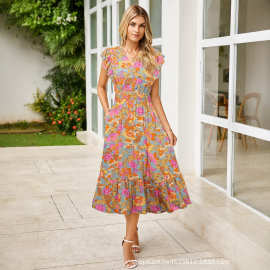 BerryGo女士夏季花卉长裙休闲波西米亚V领荷叶边短袖沙滩长裙口袋