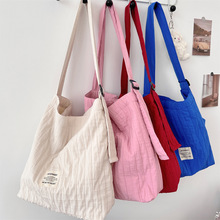 4921 简约纯色条纹褶皱包包女新款单肩斜挎包大容量帆布包通勤包