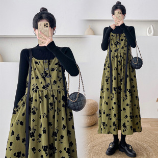 Autumn New Korean Maternity Dress Loose Slimming Two-piece Set dress Trendy Mom Floral Skirt Base Shirt suit