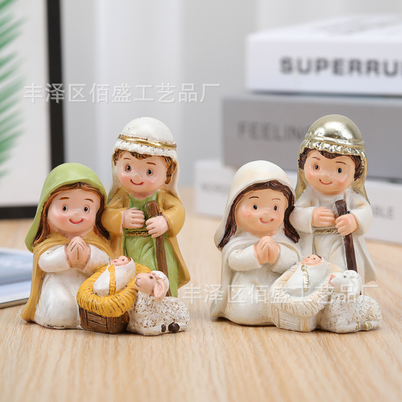 Santa Familia Cruzada Nacimiento de dibujos animados pesebre pequeño adornos creativos regalos de Navidad interior decoración de resina artesanía