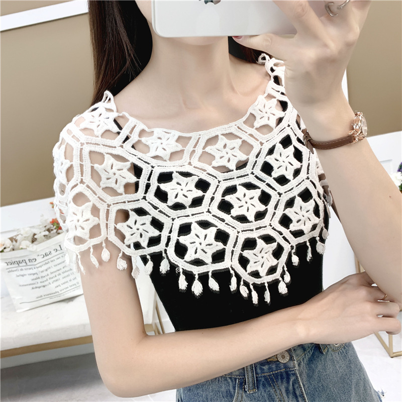 Knitted hollow lace shawl summer versatile short waistcoat thin sleeveless outer matching skirt blouse for women