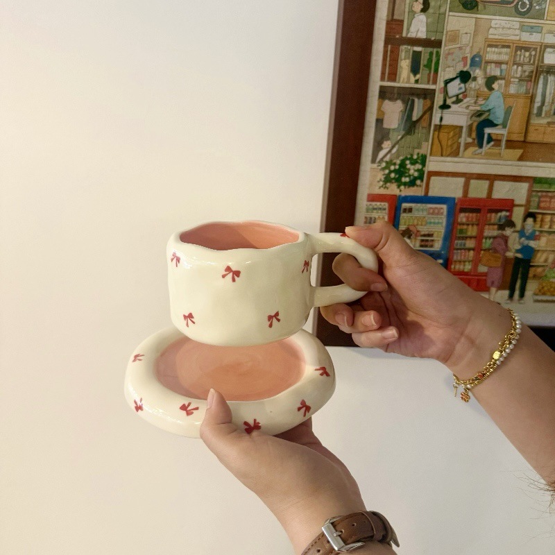 Estilo coreano, lazo pintado a mano, taza de café de cerámica, plato, taza y plato de alto valor, té de la tarde, plato de postre