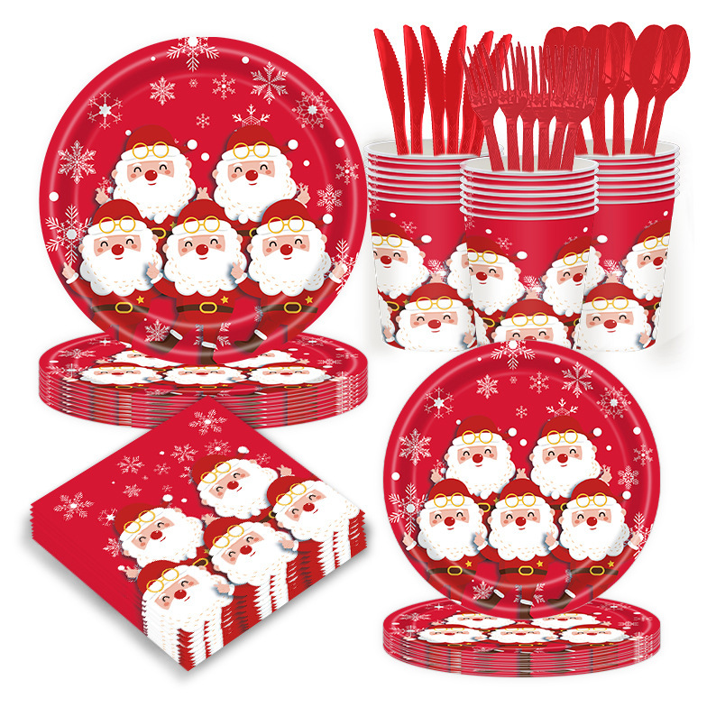 Red Christmas Decoration Party Tableware suit Santa Claus Snowflake Children's Holiday Disposable Paper Plate Tissue