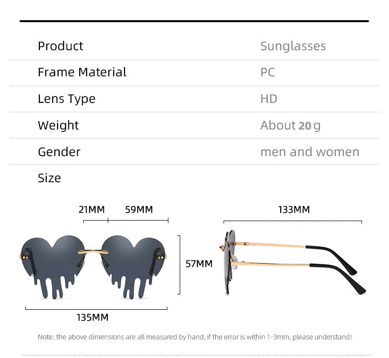 50g Weight Frameless Glasses Structure Sunglasses Classification PC, UV400 Protection Lens Material Special-Shaped Mirror Glasses Style Outdoor, Beach Occasion Heart Shape Pattern All Seasons Season Unisex Gender Novelty, Modern Style Style Novelty Modern Style Heart Shape PC UV400 Protection Special-Shaped Mirror Frameless Women's Sunglasses 1