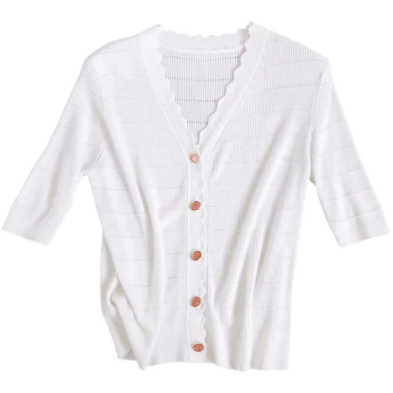 Áo cardigan dệt kim tay ngắn cổ V viền sóng chất liệu lụa đá mát mẻ — Màu đen