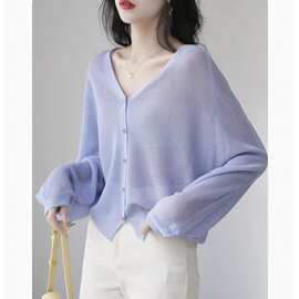 冰丝防晒衣开衫女薄款外搭空调衫v领针织罩衫短外套宽松长袖