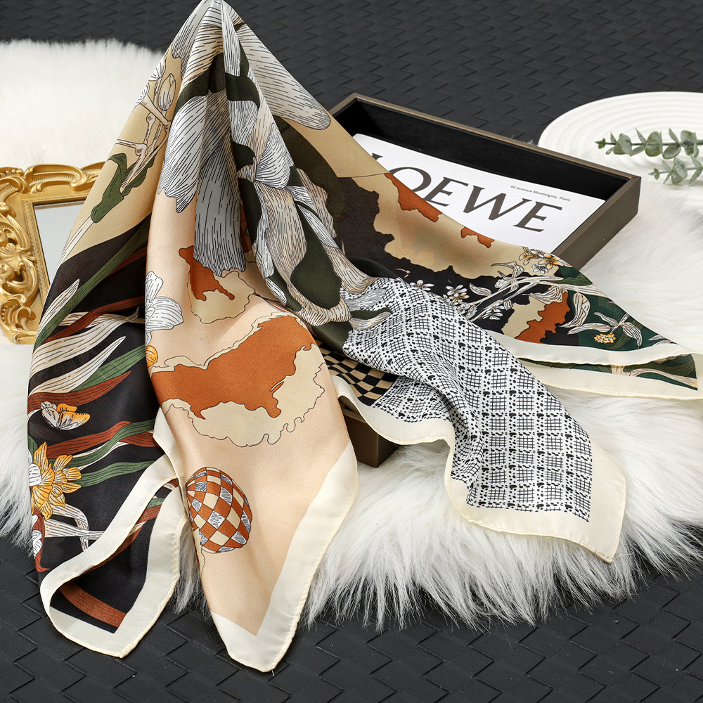 Pañuelo de seda de imitación a cuadros retro 70, babero floral de moda de nicho, chal, bolso de mujer, pañuelo de seda, regalo de mano