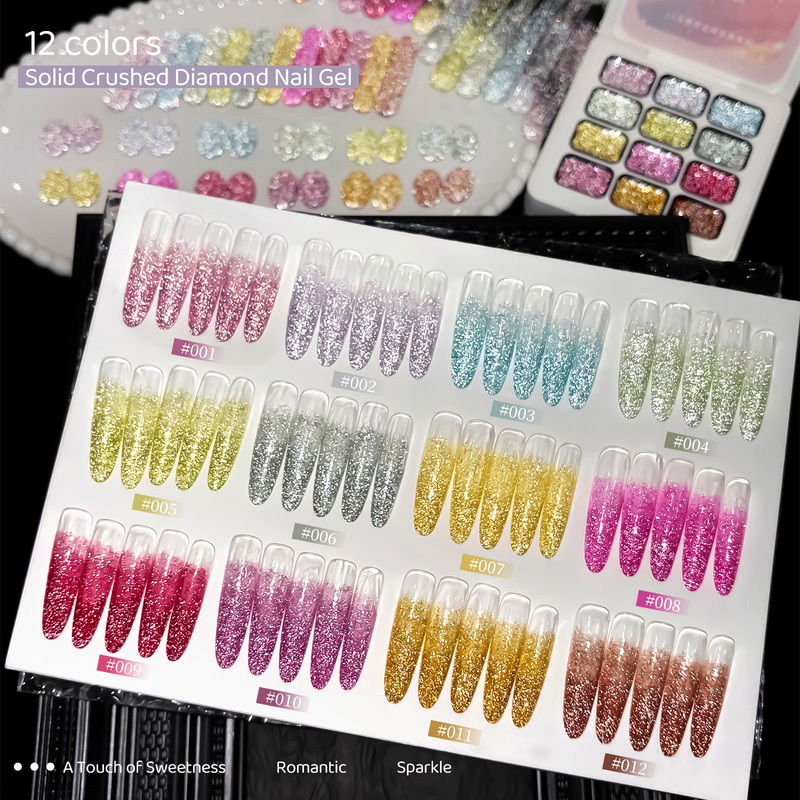 Xianjiayi 12-Grid Sparkling Diamond Nail Gel 2026 New Multi-Color Diamond Nail Gel, Brilliantly Shining