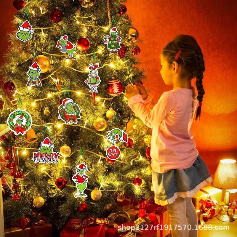 Cross-Border Amazon Creative Grinch Green Furry Monster Flat 2D Wooden Christmas Tree Decoration Hanging Ornament Cross-Border Amazon Creative Grinch Green Furry Monster Flat 2D Wooden Christmas Tree Decoration Hanging Ornament