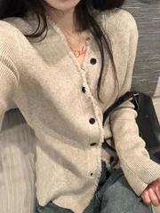 Vネックニットのカーディガンの女性春秋セーターのコートのデザイン感が小さいです。